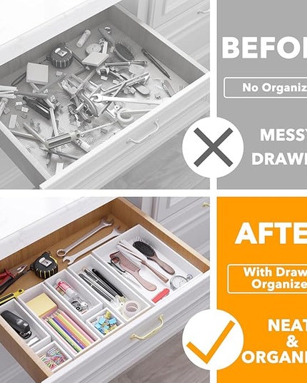 SpaceAid 7-Piece Bamboo Drawer Organizer Storage Boxes Set, Wood Tray Junk Drawer Organizers Multi-Use Divider Bins for Kitchen, Bathroom, Office Desk and Makeup Organization (7 Pack, White)
