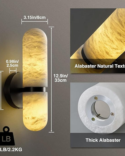 Alabaster Wall Sconces Set of Two, 13in Black Alabaster Sconce, Modern Spanish Natural Marble Sconces Lights, Sconces for Bathroom Vanity Bedroom Living Room Staircases Hallway