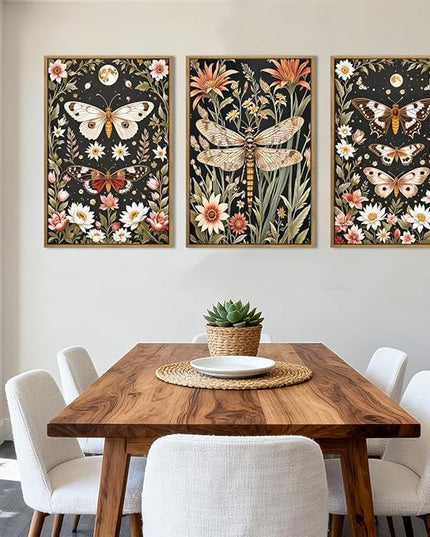 ANHUIB Extra Large Wall Art William Morris Wall Art 24x36 Inch Vintage Floral Wall Decor Butterfly Dragonfly Paintings Set of 3 for Living Room Bedroom Dining Room