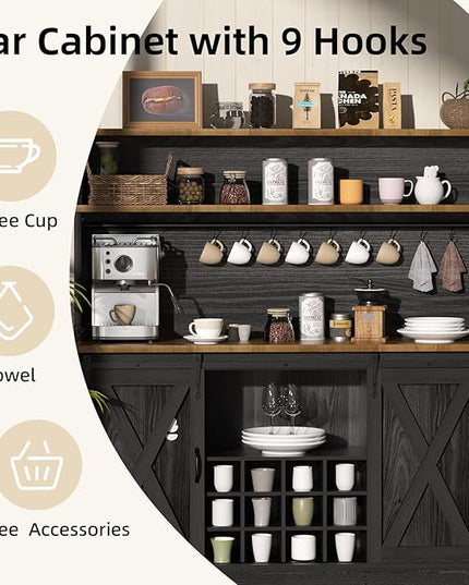 55'' Farmhouse Coffee Bar Cabinet with 3 Tier Storage Hutch, Coffee Bar Station with Sliding Barn Door, Hutch Storage Cabinet with 12 Wine Racks & 9 Hooks for Kitchen Dining Living Room