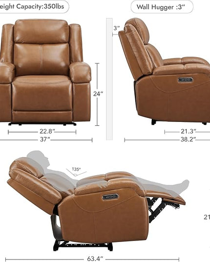 Watson & Whitely Genuine Leather Power Recliner Chairs for Adults, Wall Hugger RV Recliner with Power Headrest & Charging Ports, Electric Recliner Sofa Chair for Living Room, Saddle Brown