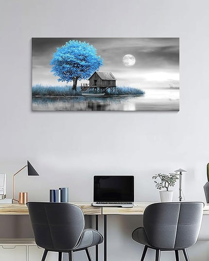 JEAWA Landscape Canvas Wall Art Decor - Blue Gray Wall Art for Bathroom Bedroom Study Dining Room, Winter Wall Art Canvas Paintings, Moon Pictures Wall Decor, Tree Art Wall Decor, 20x40 IN