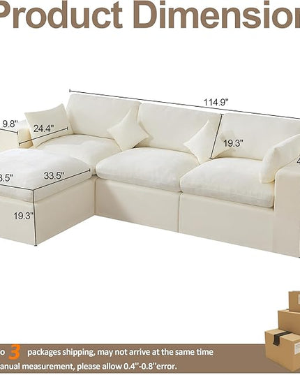 115''Cloud Boneless Sectional Couch, Modular Sectional Sofa Deep Seat with Ottoman, Oversized Upholstered Convertible Comfy 4 Seater Chenille Sofa L Shape Couches for Living Room, Beige
