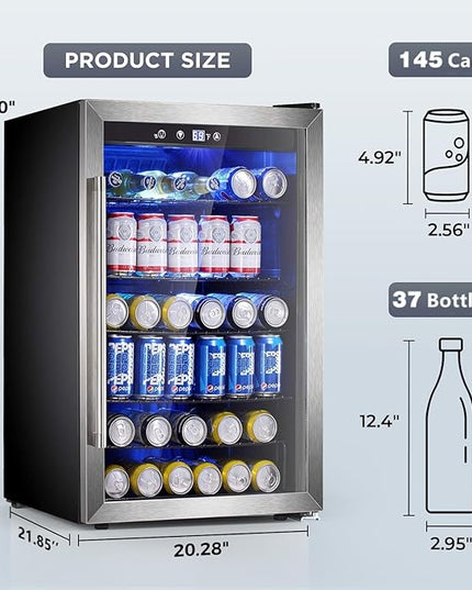 Wine Cooler 37 Bottle Freestanding Fridge with Stainless Steel Reversible Glass Door, 145 Can Beverage Refrigerator Quiet Compressor for Home Kitchen Bar, 4.5 Cu.ft Silver