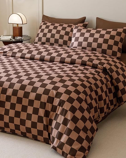 CLOTHKNOW Dark Brown Plaid California King Comforter Set Grid Bedding Comforter Sets Checkered Comforter Soft Geometric Comforter with 2 x Pillow Cases