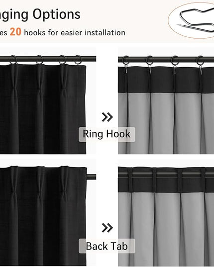 100% Blackout Shield Linen Look Textured Pinch Pleated Curtains Blackout Drapes 90 Inch Long 2 Panels Set, Faux Linen Blackout Curtains for Bedroom & Living Room, 40" W x 90" L, Black