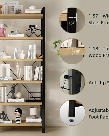 Real Solid Wood Rustic Vintage Industrial Etagere Bookshelf, Metal & Timber Free Vintage Bookcase, Retro Brown (Genuine Timber) (6-Tiers-RawWood)