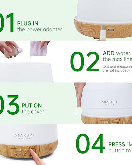 ASAKUKI Essential Oil Diffuser, 300ml Ultrasonic Aromatherapy Oil Humidifier with 7 Colors Lights 2 Mist Mode for Home
