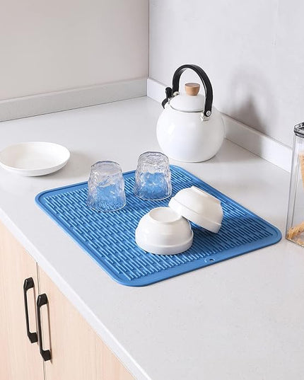 Silicone Dish Drying Mat for Multiple Usage,Easy clean,Eco-friendly,Heat-resistant Silicone Mat for Kitchen Counter or Sink,Refrigerator or Drawer Liner Lichen BlueL XL 18 inches x 16 inches