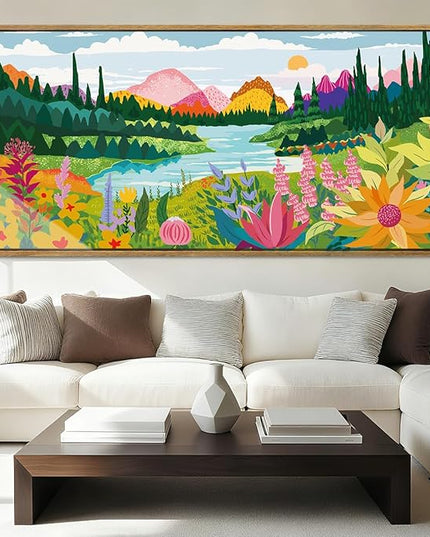 ANHUIB Large Colorful Wall Art 20x40 Inch Framed Abstract Floral Wall Decor Forest Woodland Painting Muticolor Mountain Range Illustration for Living Room Dining Room Bedroom