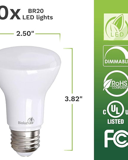 Bioluz LED Light Bulb BR20 Light Bulbs 3000K Bright Soft White LED Bulbs 6W=50W Replacement 90 CRI 540 Lumen Indoor/Outdoor UL Listed CEC Title 20 Compliant Home Decor LED Lights for Bedroom - 10 Pack