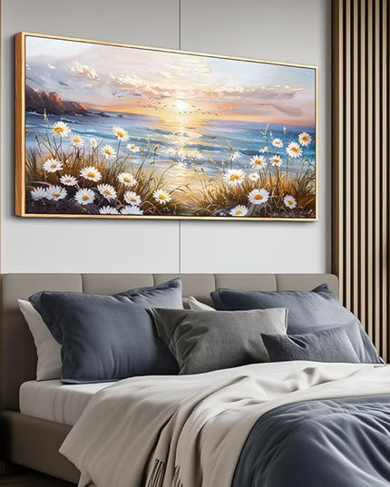 PHAOHUAXM Large Wall Decor For Living Room Canvas Wall Art For Office Bedroom AestheticBlue Ocean Landscape Painting Artwork Pictures Beach Posters Ready To Hang Home Decoration 30"x60" Wood Framed