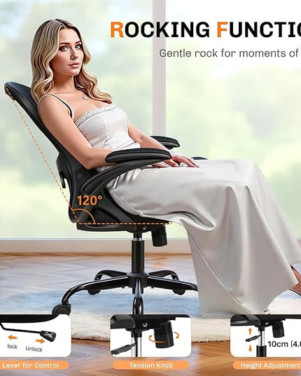Office Chair, Ergonomic Mesh Desk Chair with Adjustable Lumbar Support & Flip-Up Armrest, Mid Back Computer Chair, Swivel Task Rolling Chair for Home and Office (Black)