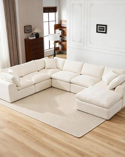 Sectional Couches for Living Room, 139 Inch Oversized Boneless Couch Modern Modular Couch 7 Seater Chenille Corner Sofa with Moveable Ottoman and 3 Throw Pillows, Beige