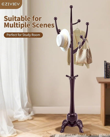 EZIVIEZ Wooden Coat Rack Stand, Solid Wood Freestanding Coat Rack with 11 Hooks, Creative Design Tree Branch-look Coat Racks, Heavy Duty Standing Coat Hanger Jacket Tree Stand for Office, Entryway