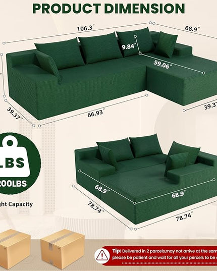 LEVELEVE 107" Cloud Sectional Couch with Deep Seat，Modern Modular Sofa with L-Shape Chaise，No Assembly Required, Upholstered Couches for Living Room Bedroom(Green,Right Facing Chaise)