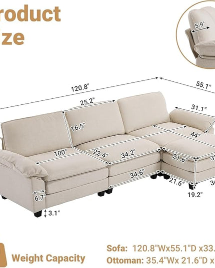 VINGLI 121" Deep Cloud Couch, Lazy Modular Sectional Sofa Set for Living Room,Modern Linen 3-Seat Convertible Loveseat Sofa with 1 Ottoman for Small Space（Beige）