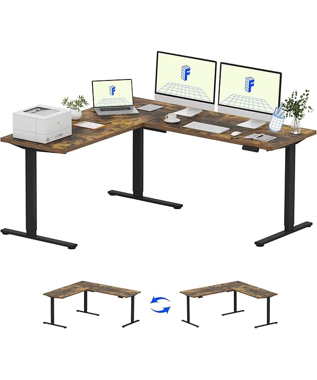FLEXISPOT L Shaped Standing Desk, 71 x 63 Inch Electric Height Adjustable Corner Desk, Sit Stand Computer Workstation, Preset Controller, Home Office, Black Frame with Rustic Brown Top