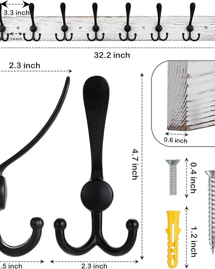 32.2'' Large Coat Rack Wall Mount Coat Hooks with 8 Metal Black Triple-Hooks Old White Pine Real Wood Plank Hat Rack for Wall Hooks