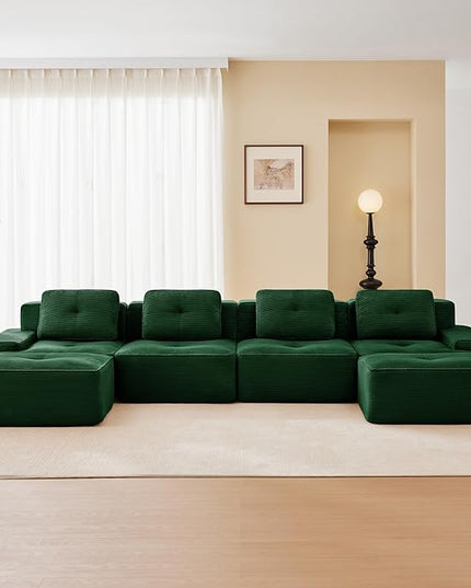 Hommoo 153" Oversized Sectional Sofa, Modular U Shaped Couch with Ottoman, Comfy Corduroy Couches with Deep Seat, 6 Seat Convertible Boneless Sofa for Living Room No Assembly Required Green