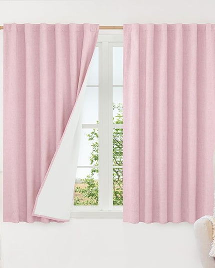 LAMIT Pink 100% Blackout Window Curtains for Girl Bedroom, 45 Inches Linen Textured Thermal Farmhouse Curtains Back Tab and Rod Pocket Window Panels with White Liner, 2 Panels, 52 x 45 Inch