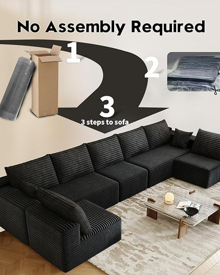 168.5" Modular Sectional Sofa, Oversized U-Shaped Minimalist Couches with 3 Middle Seats Chaise, Modern Deep Seat Convertible Sleeper Sofa, Cloud Plush Corduroy Fabric,7 Seater, Black