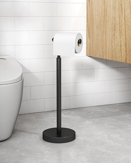 Toilet Paper Holder Free Standing, Matte Black Toilet Paper Stand 21.7" H, Stainless Steel Tissue Roll Holder for Bathroom, Heavy Weighted Base