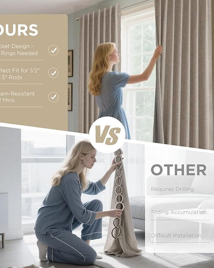 Joydeco 100% Blackout Curtains for Bedroom，Natural Linen Curtains, Thermal Insulated Linen Light Blocking Drapes, Rod Pocket & Back Tabs, Darkening Privacy for Living Room, 52" W x 96" L (Pack of 2)