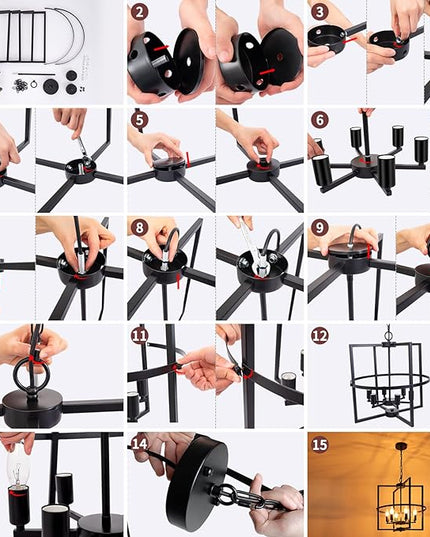 6-Light Black Chandelier, 17.72“ Geometric Dining Room Light Fixture, Large Modern Chandelier, Hanging Industrial Metal Chandelier for Foyer Entryway Kitchen Hallway Living Room