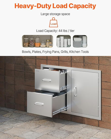 VEVOR Outdoor Kitchen Door Drawer Combo, 32.5" Wx21.7 Hx20.5 D, Access Door Double Drawers with Paper Towel Rack, BBQ Island Drawers with Stainless Steel Handles, 30.7" Wx20 Hx21 D Cutout Size