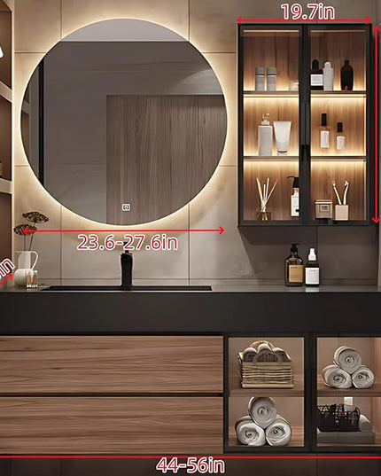 44IN Bathroom Vanity with Sink - Wooden Bathroom Cabinet with Transparent Glass Doors, Mirror Cabinet with Defogging & 2 LED Light Strips | Large - Capacity Storage Area with 2 Drawers (Style A)