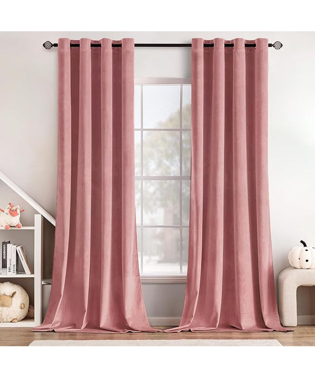 MIULEE Blush Pink Velvet Curtains Thermal Insulated Soundproof Room Darkening Long Blackout Curtains Grommet Window Black Out Drapes for Home Theatre/Girls Room/Wedding Decor 96 Inch Length Set of 2