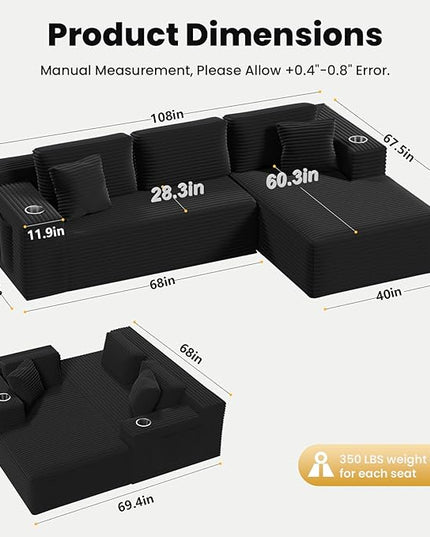 Bashaw 108" Cloud Sectional Couch Sofa with L-Shape Chaise, Modern Modular Sofa Couch Upholstered Couches for Living Room Bedroom, No Assembly Required (Black, Right Facing Chaise)