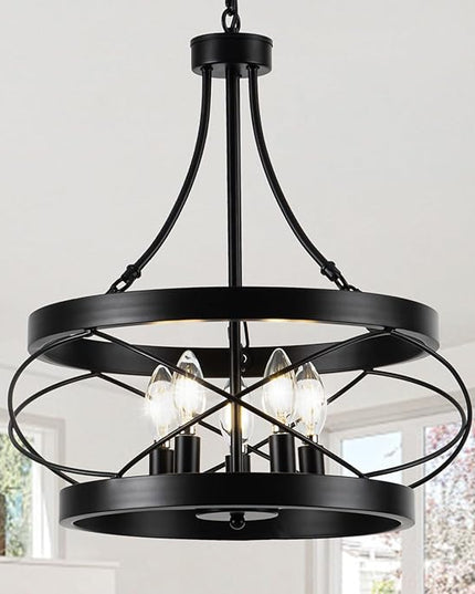 5-Light Farmhouse Chandelier, 17.72" Rustic Drum Dining Room Light Fixture, Black Chandeliers Hanging Pendant Lighting, Industrial Candle Chandeliers for Living Room Kitchen Entryway Bedroom