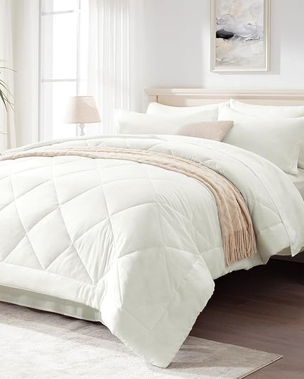 Love's cabin King Size Comforter Set Ivory, 7 Pieces King Bed in a Bag, All Season Bedding Sets with 1 Comforter, 1 Flat Sheet, 1 Fitted Sheet, 2 Pillowcase and 2 Pillow Sham