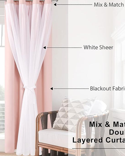 Hiasan Pink Blackout Curtains with Sheer Overlay Thermal Insulated Mix & Match Double Layer Room Darkening Window Curtains for Bedroom Living Room Nursery 2 Panels with Tiebacks (52W X 63L,Blush Pink)