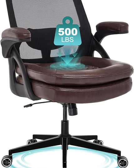 Big and Tall Office Chair, 500lbs Mesh Heavy Duty Ergonomic Desk Chair with Flip-up Armrests, Plus Size Wide Seat in PU Leather, 360 Swivel Computer Executive Task Chair for Home Office (Brown)