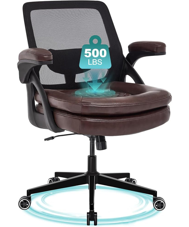 Big and Tall Office Chair, 500lbs Mesh Heavy Duty Ergonomic Desk Chair with Flip-up Armrests, Plus Size Wide Seat in PU Leather, 360 Swivel Computer Executive Task Chair for Home Office (Brown)