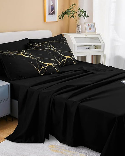 Merryword 8 Pcs Bed in a Bag Black Marble Comforter Set King Size Gold Metallic Marble Bedding Duvet Quilt