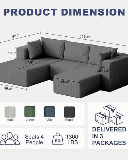 108" Boneless Couches for Living Room, Modular Cloud Couch Sofa -4 Pieces U Shap Corduroy Sectional Sofa, Fluffy Memory Foam Sleeper Sofa Furniture, No Assembly, Wide Armrest, Grey