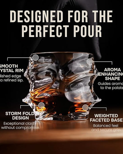 TSUKIGLASS® Storm Premium Japanese Crystal Whisky Glasses Set of 4 - Gift Ready Box, 100% Ultra Clarity Lead-Free Crystal, 10oz Tumblers for Bourbon, Scotch & Cocktails, Luxury Gift for Men