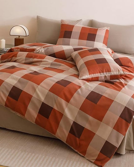 CLOTHKNOW Rust Plaid King Size Comforter Set 3Pcs Gingham Bedding Comforter Sets Geometric Comforter King Sets with 2 x Pillow Cases