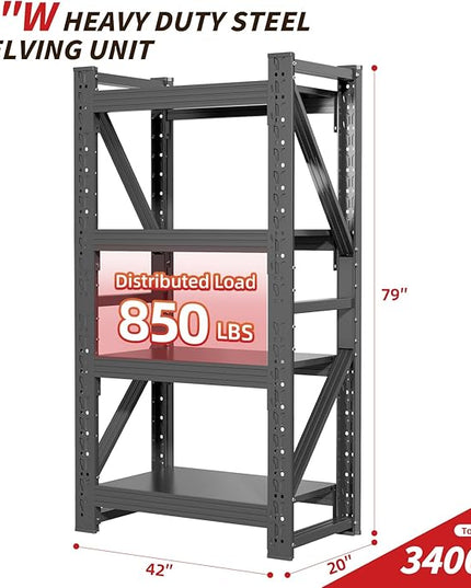 42" W Garage Shelving,4-Tier Heavy Duty Storage Shelves Unit with Adjustable Metal Shelf for Warehouse,Basement,Workshop,3400LBS,42" W x 20" D x 79" H,Black
