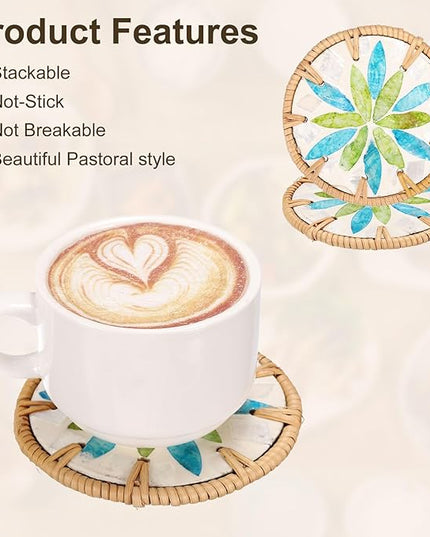 uxcell 2Pcs Handmade Woven Rattan Coasters, Heat-Resistant Drink Coasters for Coffee Table Dining Room Kitchen Coffee Wine Decor, Green Blue Petal