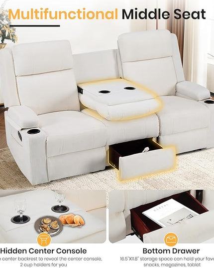 Reclining Sofa Set for Living Room, Loveseat Recliner Sofa & 3 Seater Manual Reclining Sofa with Console & Cup Holders, Recliner Sofa Set for Living Room Furniture Sets(Beige)