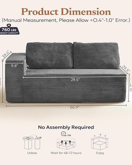 Loveseat Sofa, Cloud Modular Sofa Couch, Upholstered Floor Sofa with Deep Seat, Upholstered Foam Couch for Bedroom Living Room, No Assembly Required (Plush Corduroy Fabric, Grey)
