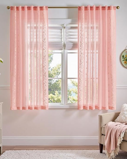 jinchan Winslow Sheer Curtains 63 Inch Length for Dorm Bedroom Bordered Floral Pattern Decorations Short Curtains Light Filtering Window Treatments, 50W x 63L, Beige on Pink, 2 Panels