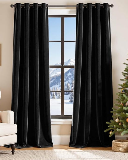 Lazzzy Velvet Blackout Curtains Black Thermal Insulated Drapes for Bedroom Living Room Window Treatments Super Soft Luxury Grommet 84 Inches Long 2 Panels
