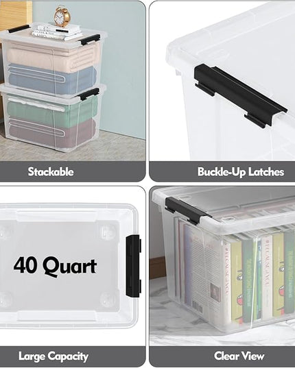 Zopnny 40 Quart Clear Latching Box with Wheels, Plastic Storage Containers with Lids, 4 Pack