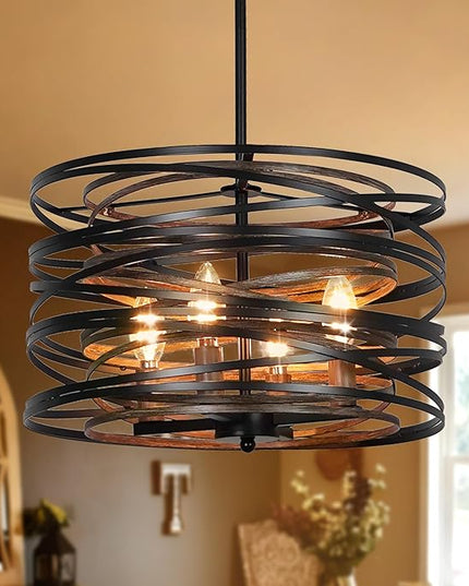 Farmhouse Chandelier,15" Drum Semi Flush Mount Chandelier Rustic Wood Grain Black Farmhouse Chandeliers for Dining Room Retro Metal Entryway Light Fixture Pendant Light for Foyer Kitchen Bedroom